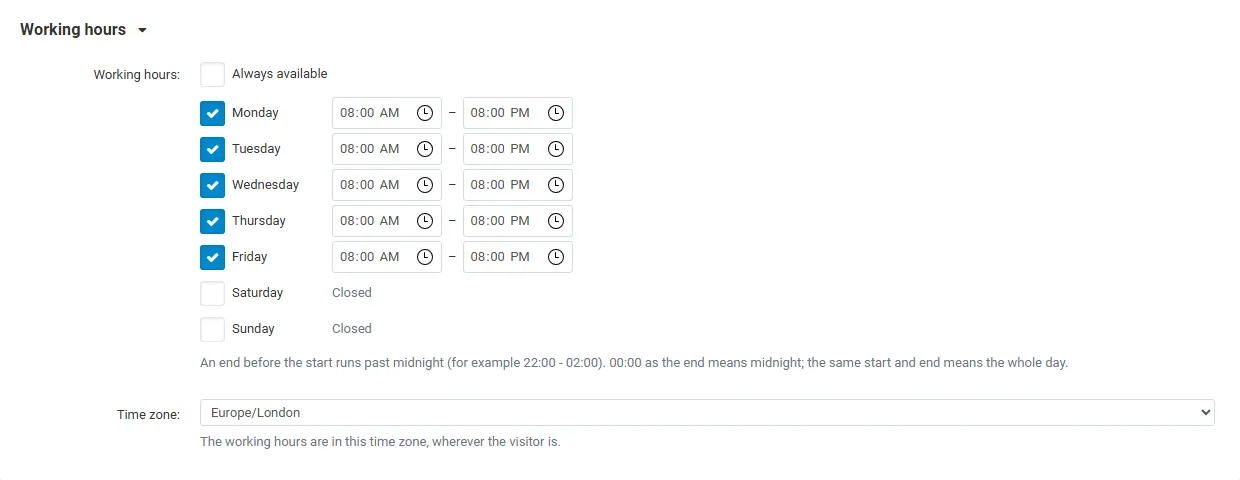 Working hours and time zone