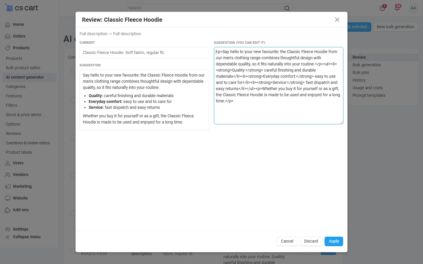 Review dialog: current text, rendered suggestion and the editable HTML before applying.