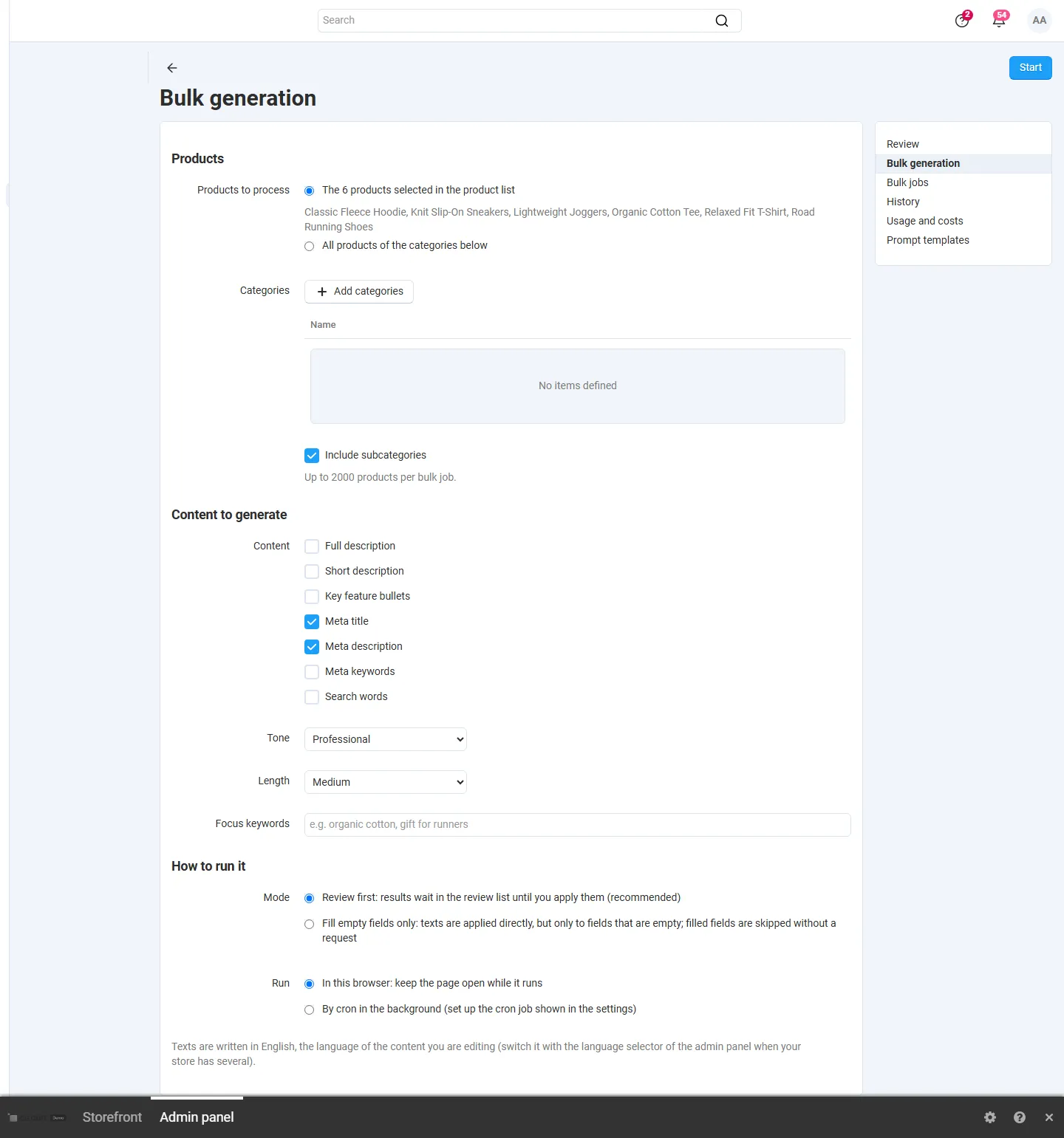 Bulk generation for 6 products selected in the product list: content types, tone, length, keywords, “Review first” or “Fill empty fields only”, browser or cron.