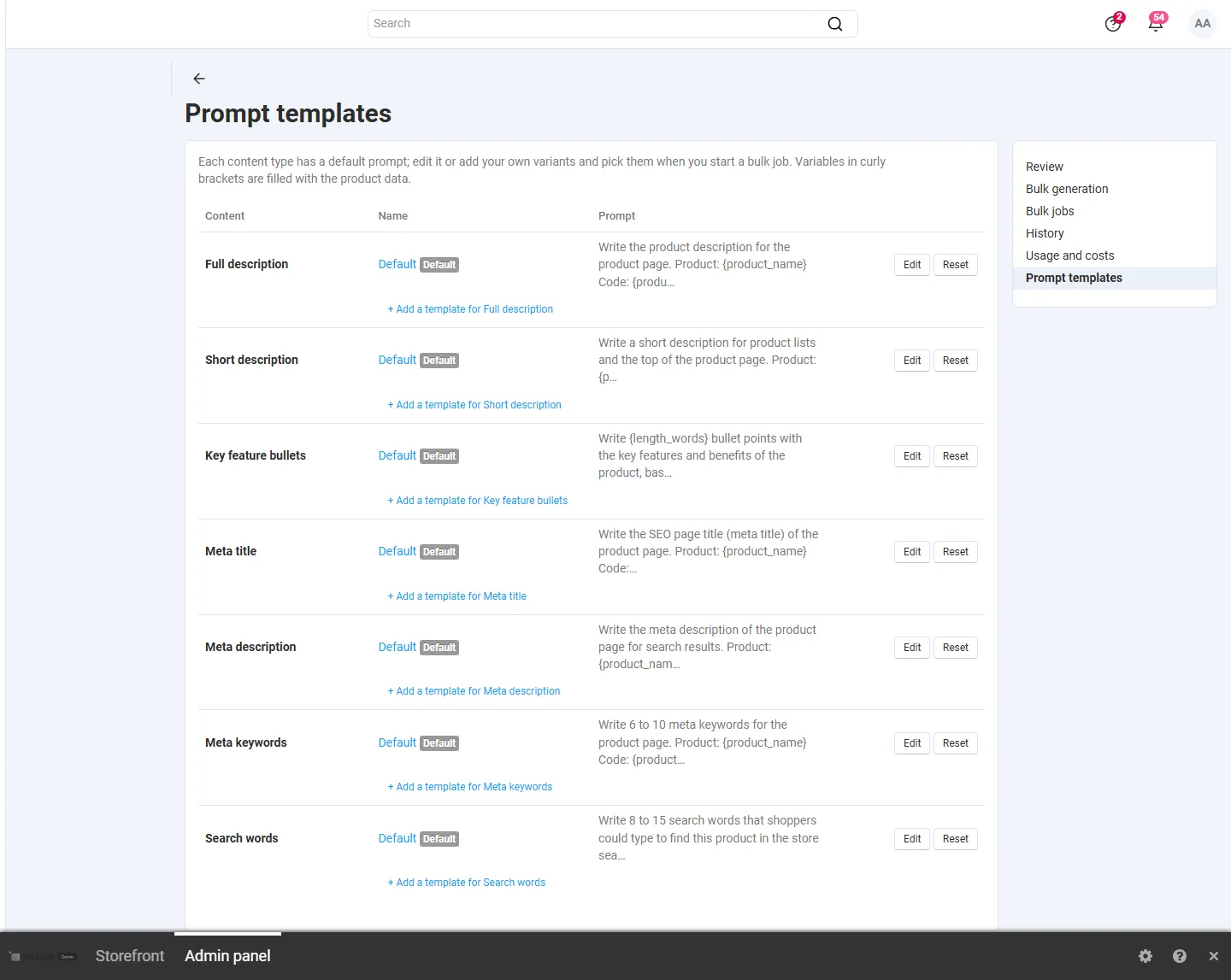 Prompt templates per content type: defaults (reset) and own variants.