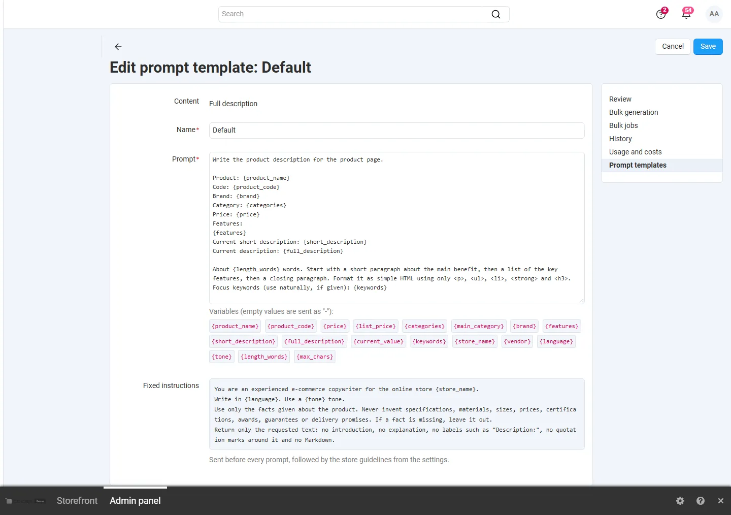 Template editor with the variables and the fixed instructions.