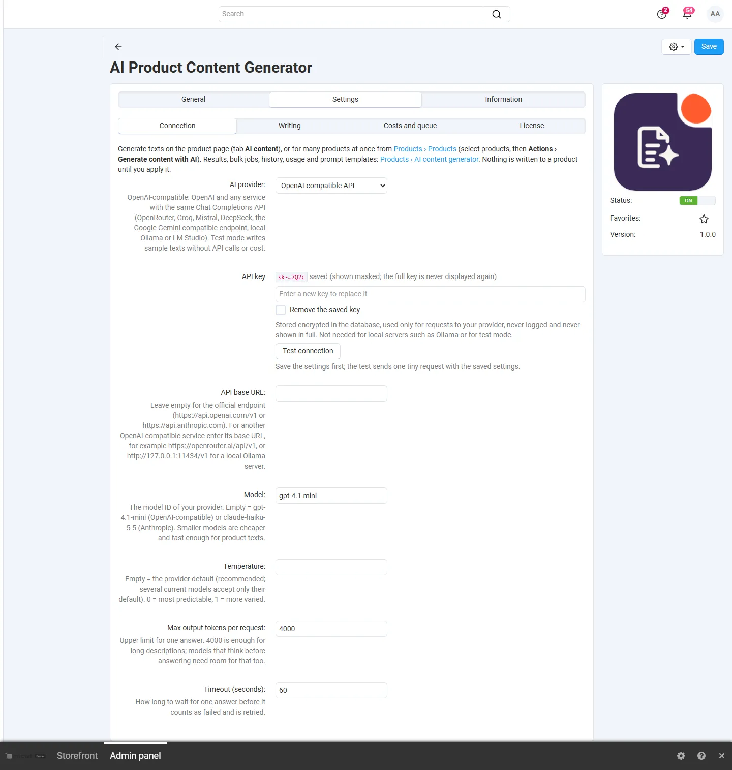 Settings, Connection: provider (OpenAI-compatible, Anthropic, test mode), masked API key, Test connection, base URL, model.
