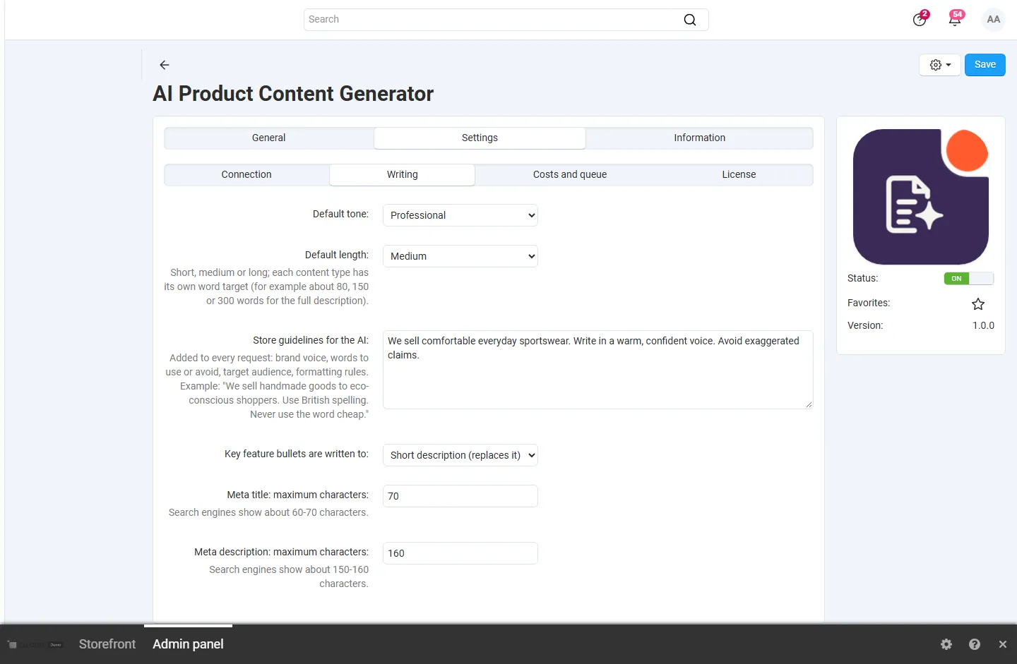 Settings, Writing: default tone and length, store guidelines for the AI, bullets target, meta limits.