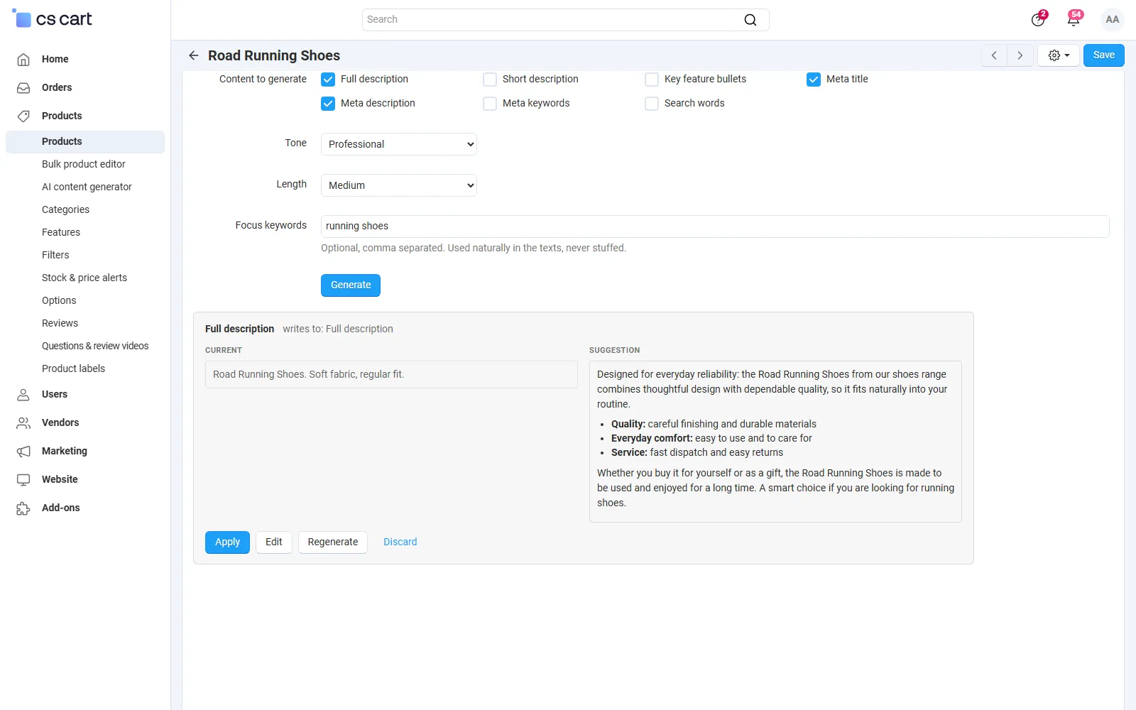 Product page, tab “AI content”: suggestions for the full description and the meta title next to the current text, with Apply / Edit / Regenerate / Discard.