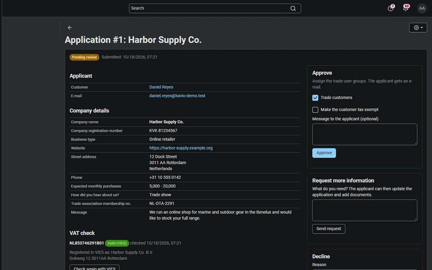 Admin: an application with VIES result, documents and the decision panels