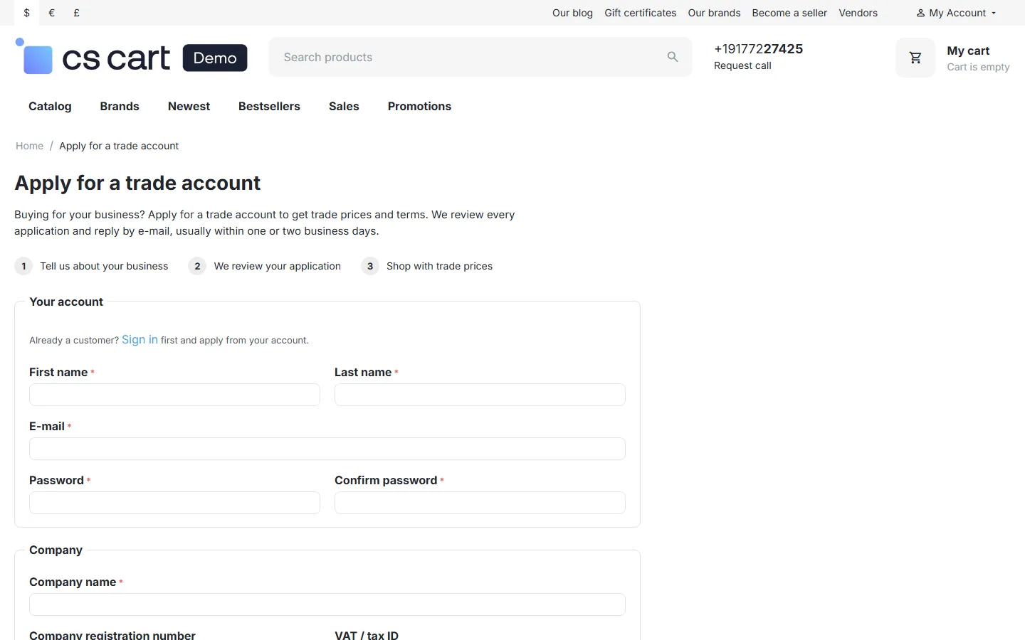 Storefront: the trade account form
