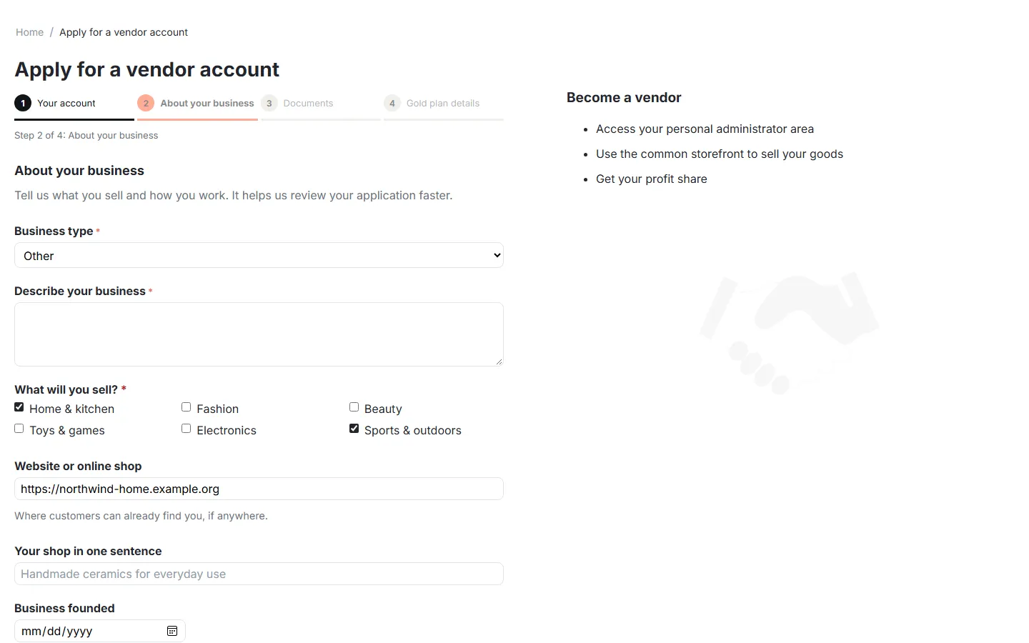 Step 2 with a conditional question (“Describe your business” for business type Other) and multiple choice.