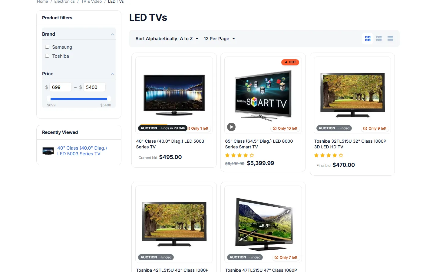 Category page: “Auction · ends in” badges, current/final bid, Bid now buttons.