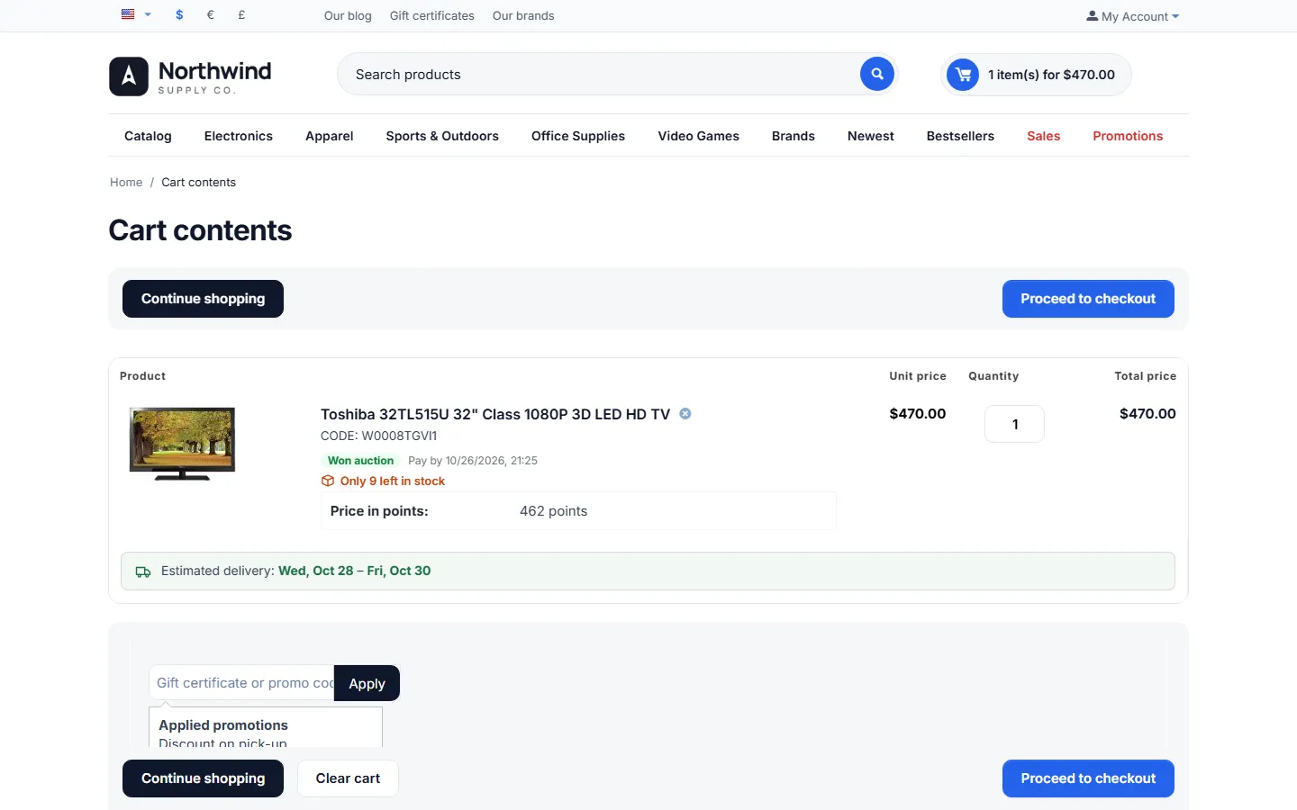 Cart with the won auction at the winning bid (quantity 1).