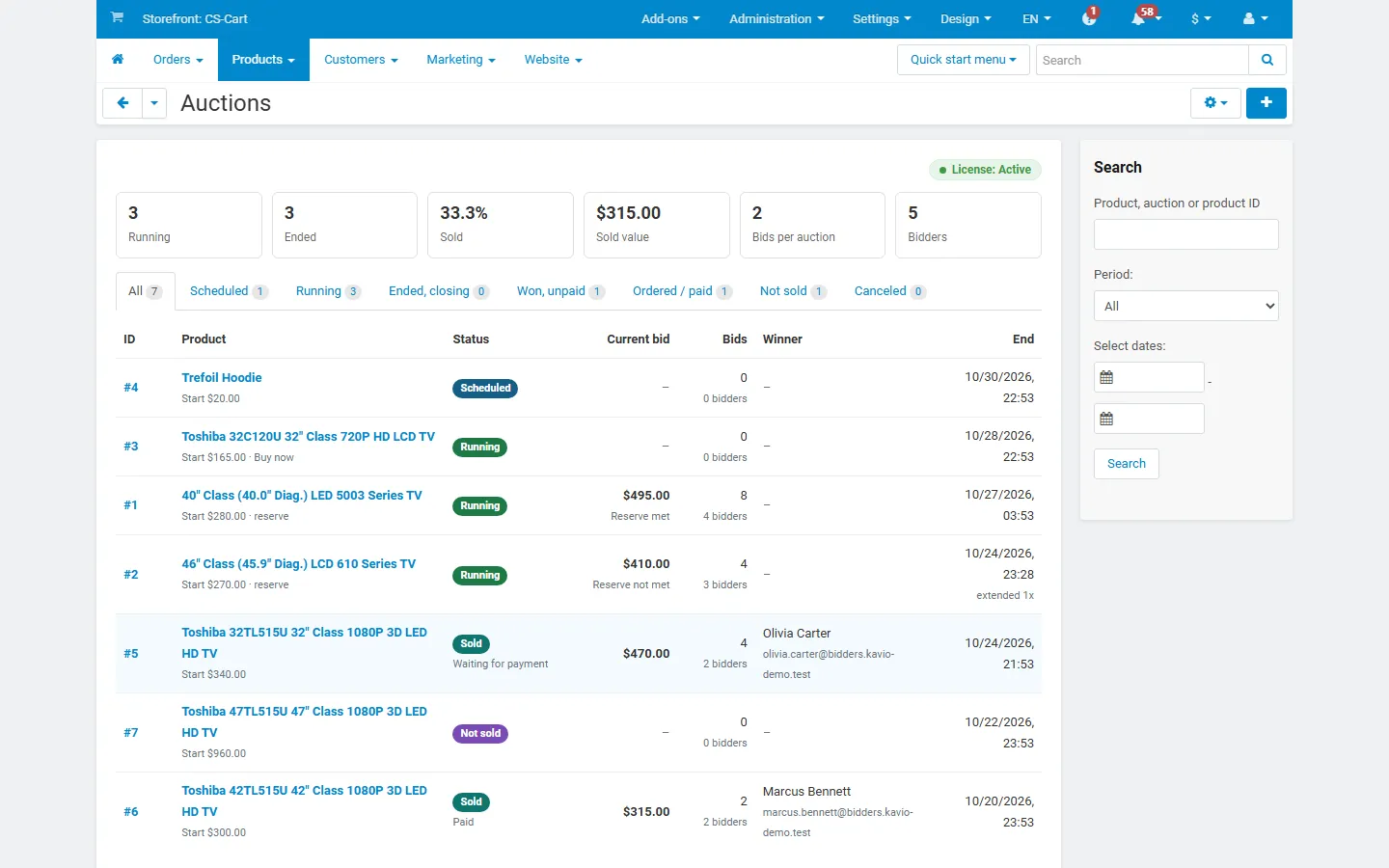 Products > Auctions: statistics, tabs, filters.