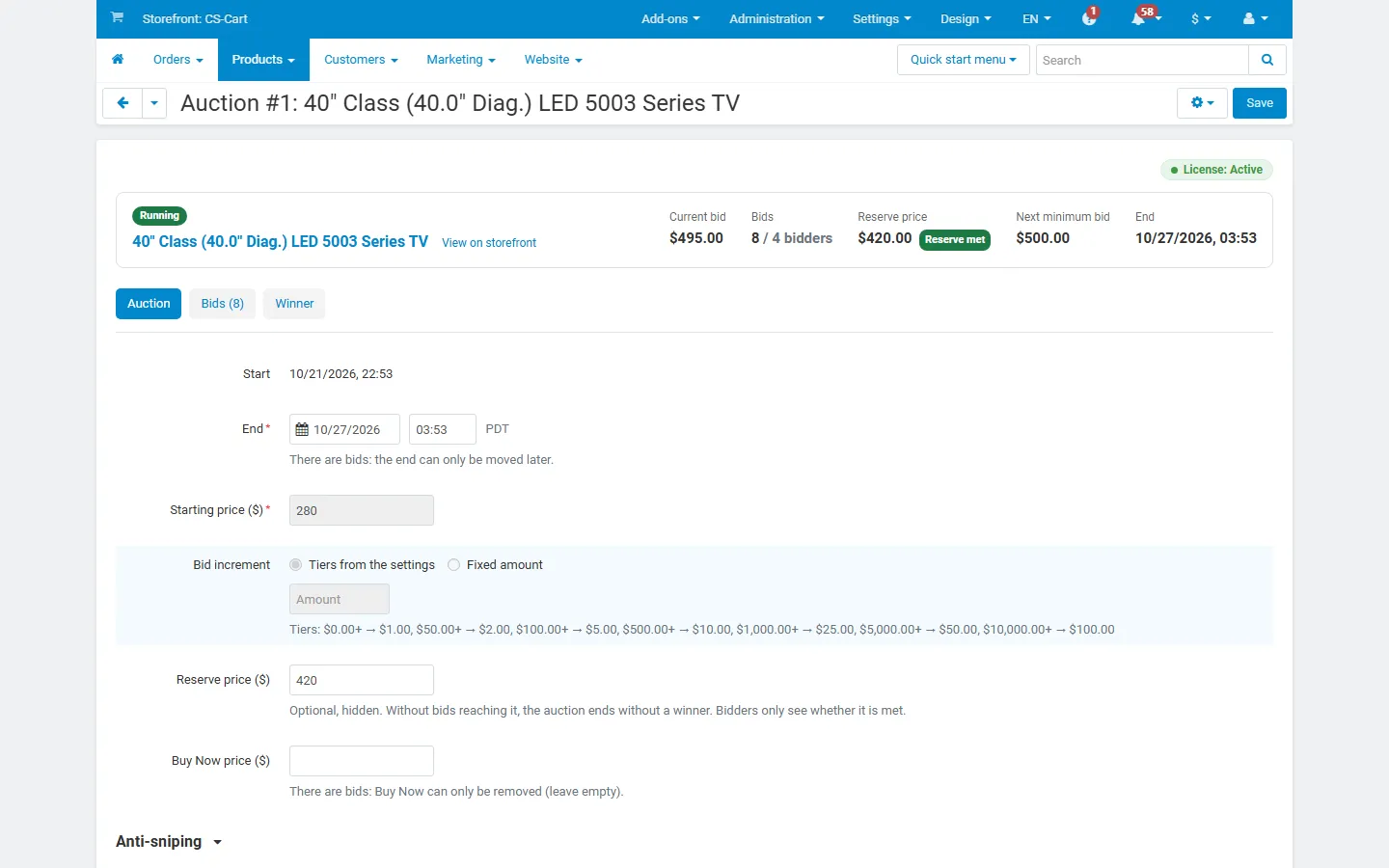 Auction page: summary and parameters (locked fields after the first bid).