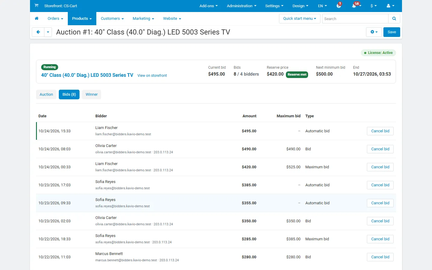 Bid log with maximum bids, automatic bids and Cancel bid.