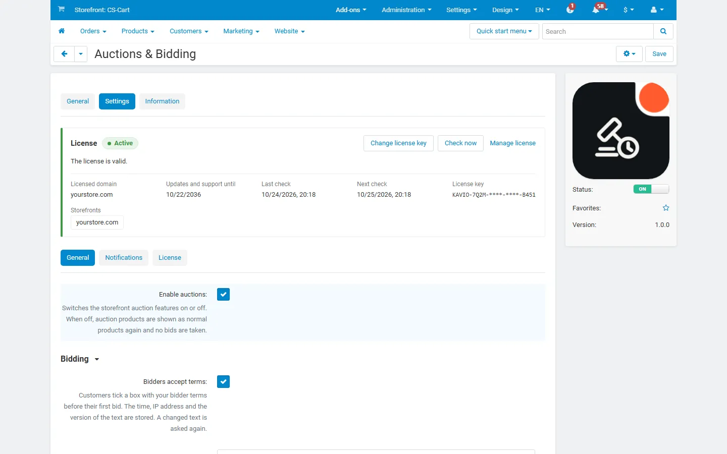 Add-on settings with the license card.