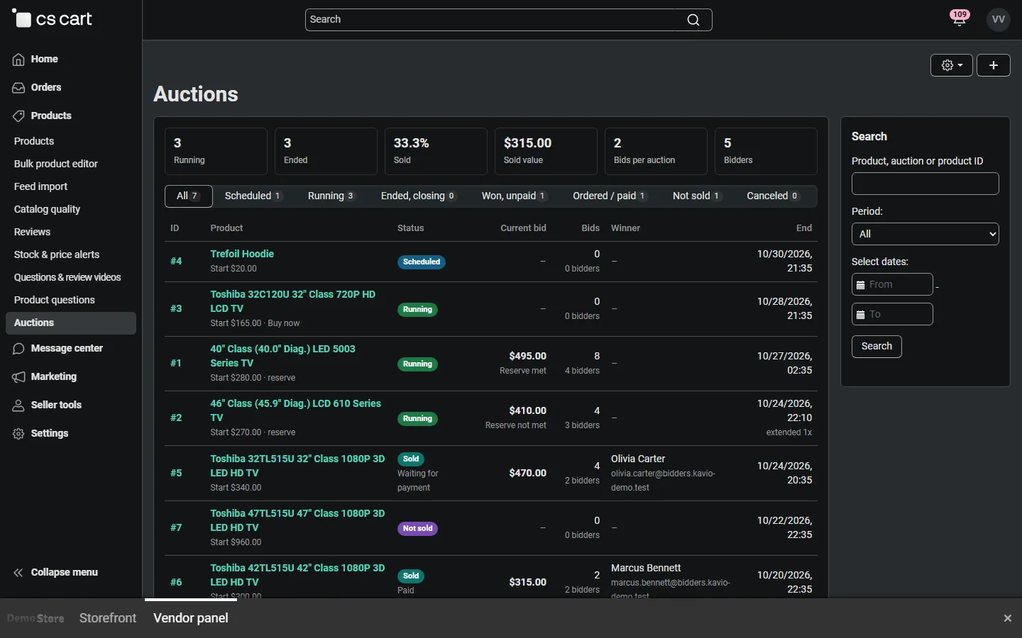 Vendor panel (mv421): the vendor’s own auctions only.