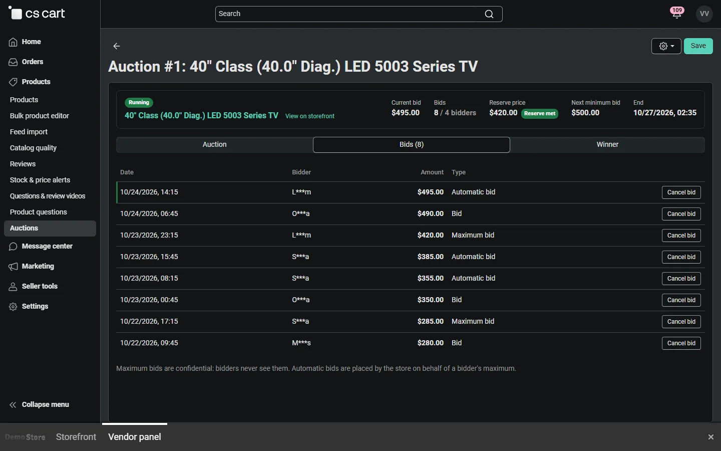 Vendor panel (mv421): bid log with masked bidder names.
