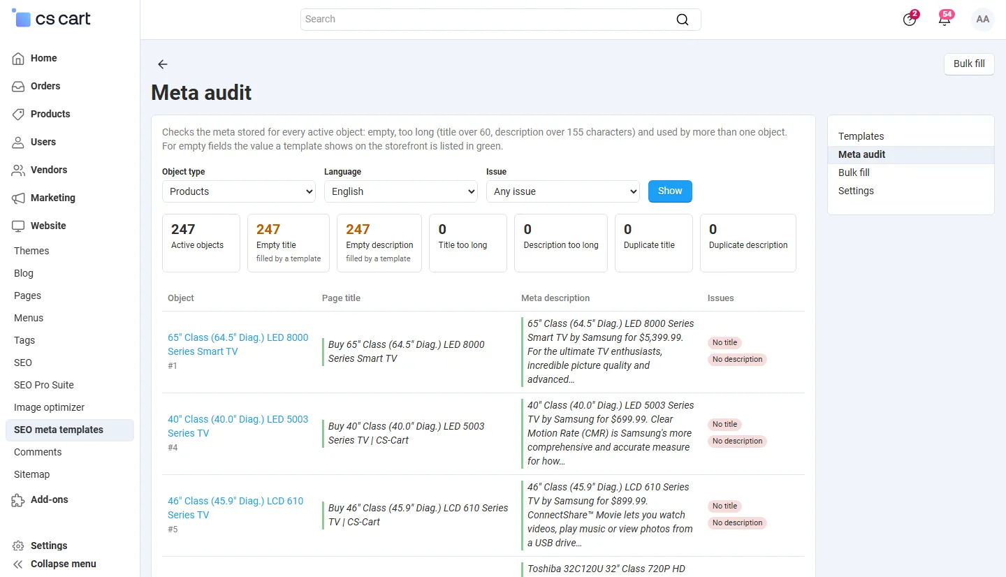 Meta audit of products: counters and the generated values for empty fields.