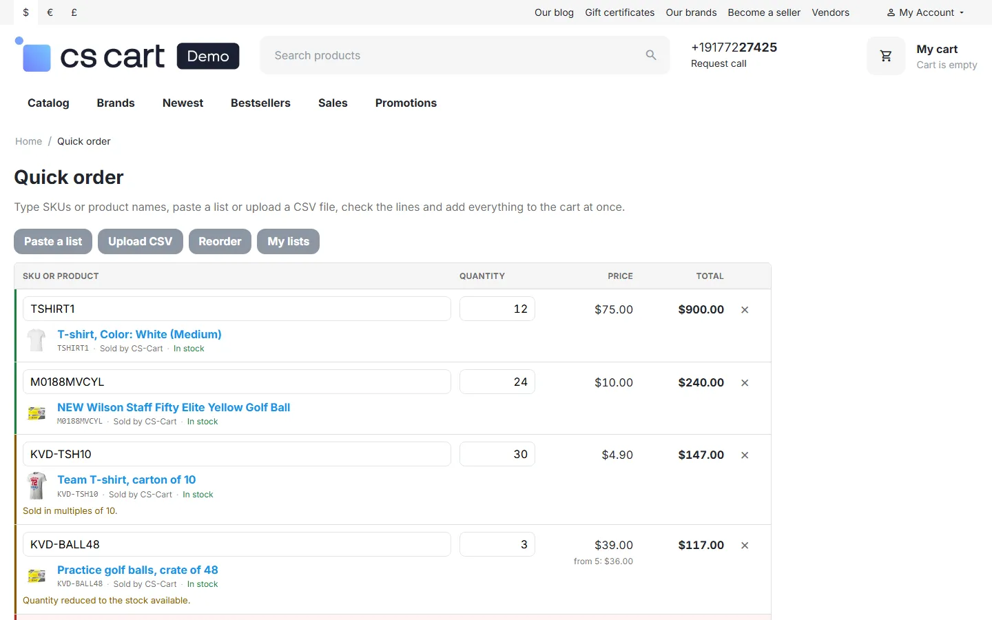 Storefront: quick order with the customer’s prices, a quantity corrected to the product step, stock reduced, out of stock and an unknown SKU.