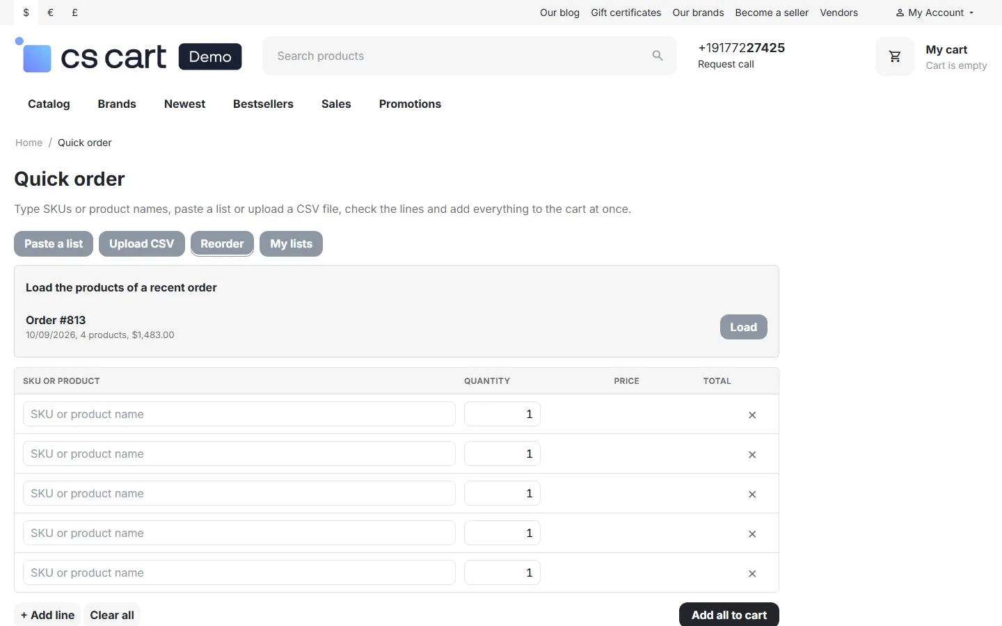 Reorder: load the products of a recent order.