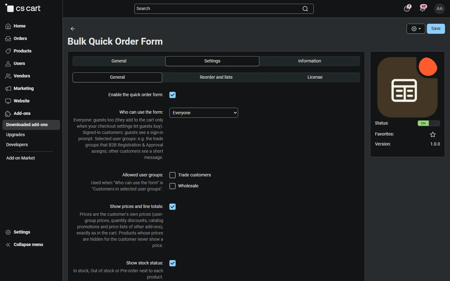 Admin: settings, General tab (access, prices, quantity rules, options).