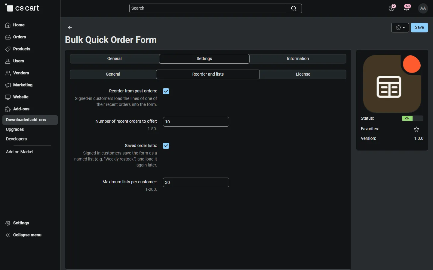 Admin: settings, Reorder and lists tab.