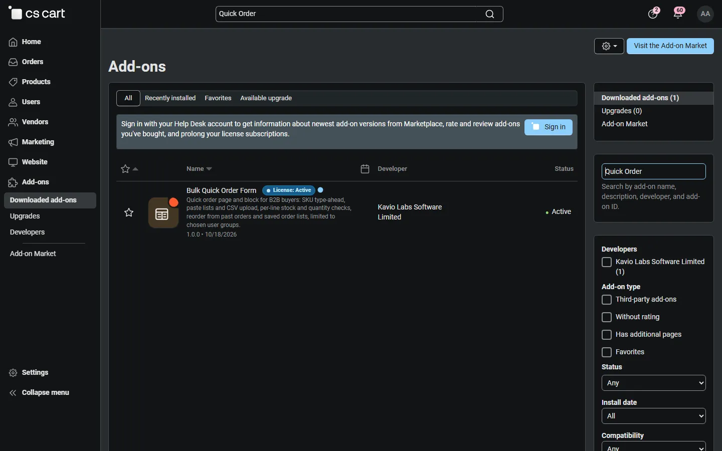 Admin: Add-ons list with Bulk Quick Order Form active.