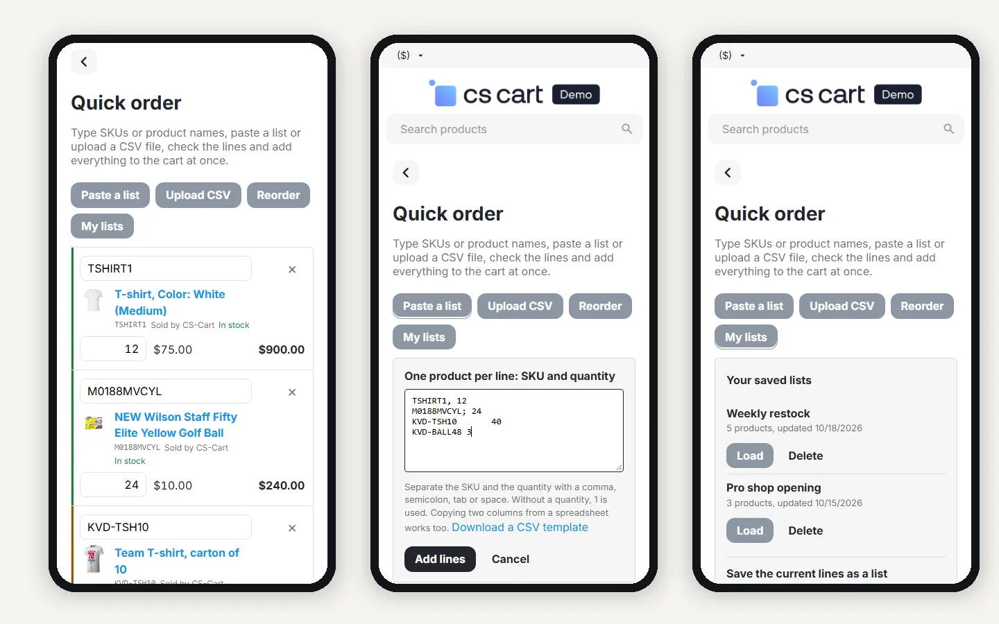Phones: checked lines, paste a list, saved lists.
