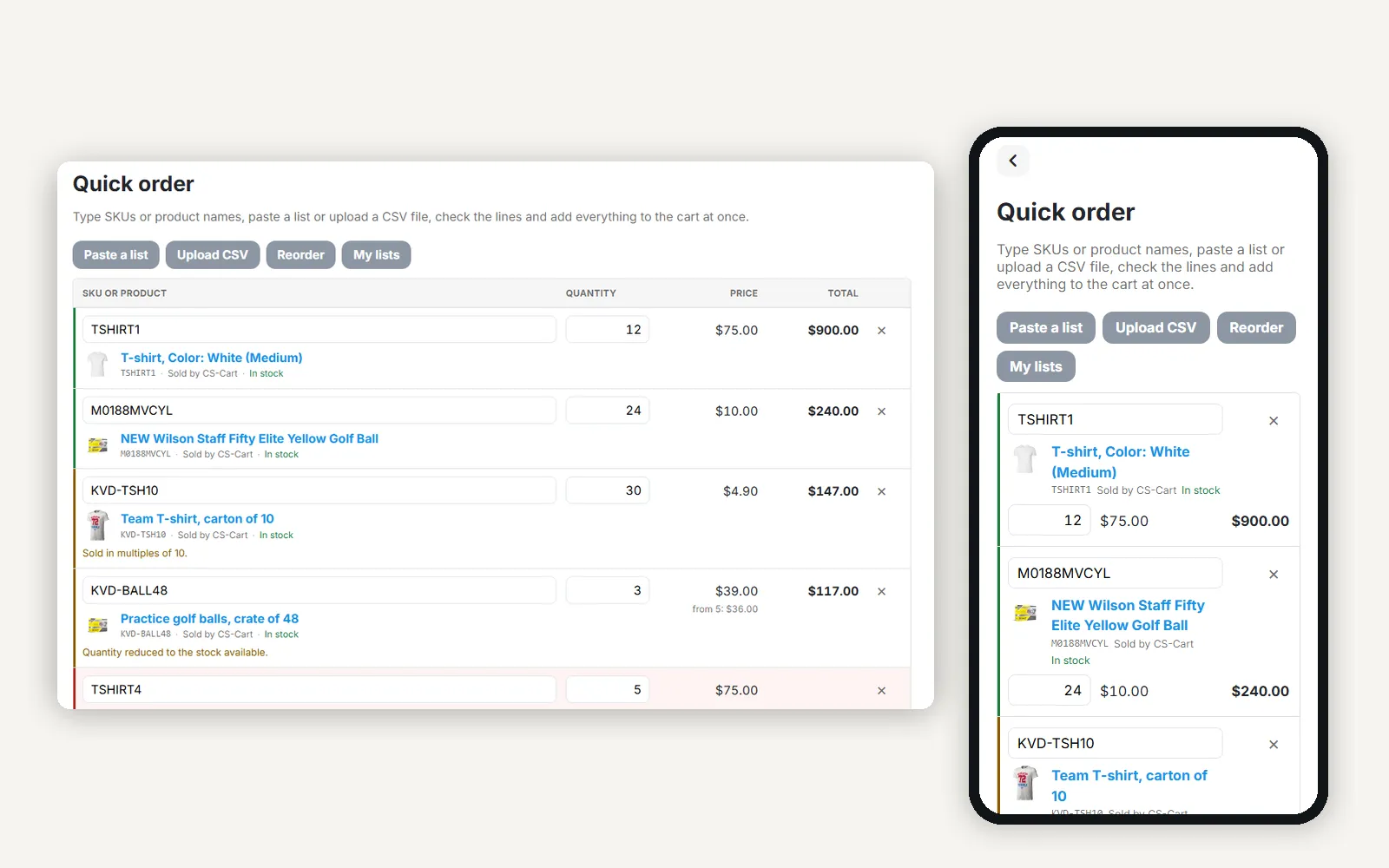 The quick order page with checked lines on a desktop next to the same form on a phone.
