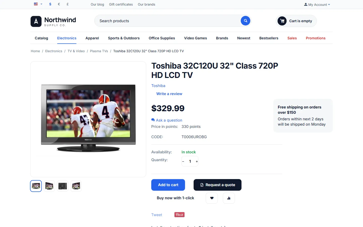 Product page with “Request a quote” next to “Add to cart”; the quantity and options are taken over.