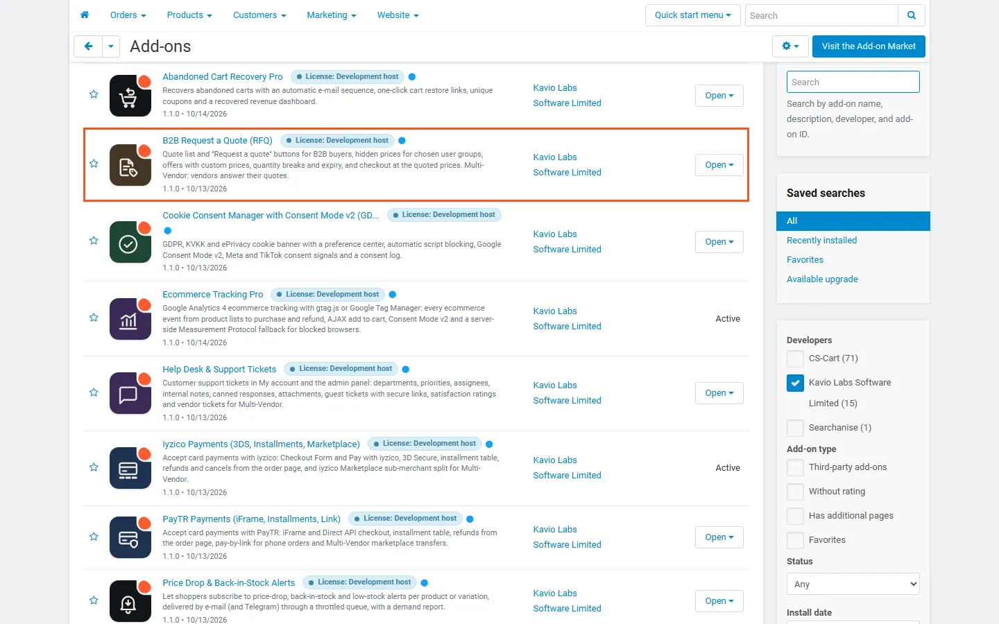 Admin, Add-ons: B2B Request a Quote (RFQ) by Kavio Labs, active (highlighted).