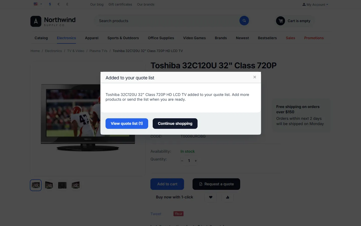 “Added to your quote list” window with “View quote list (1)” and “Continue shopping”.
