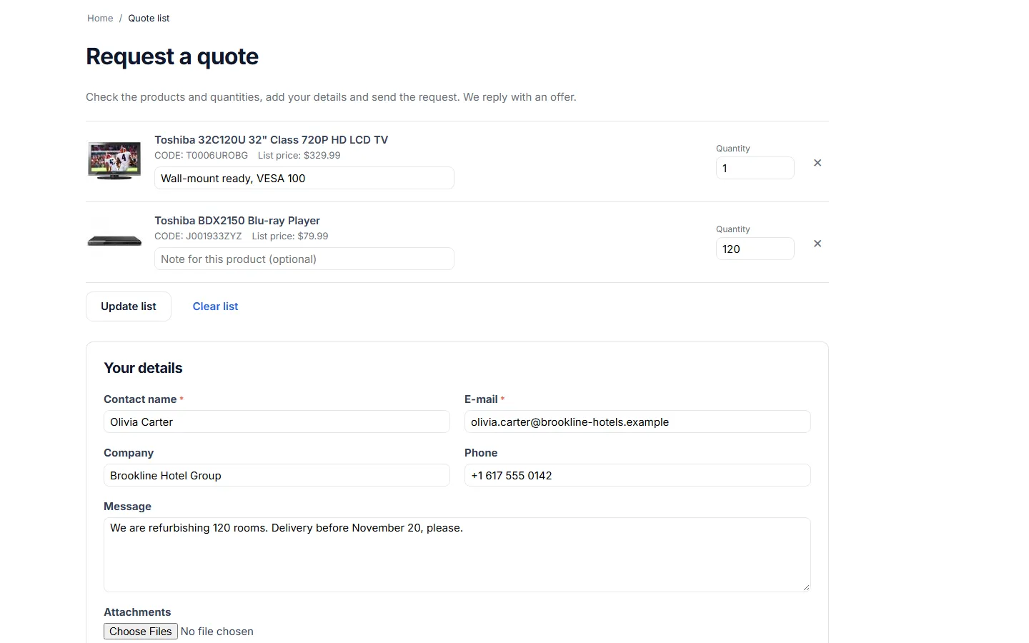 Quote list: products with list prices, a note per product, quantities, remove, “Update list” and the start of the request form.