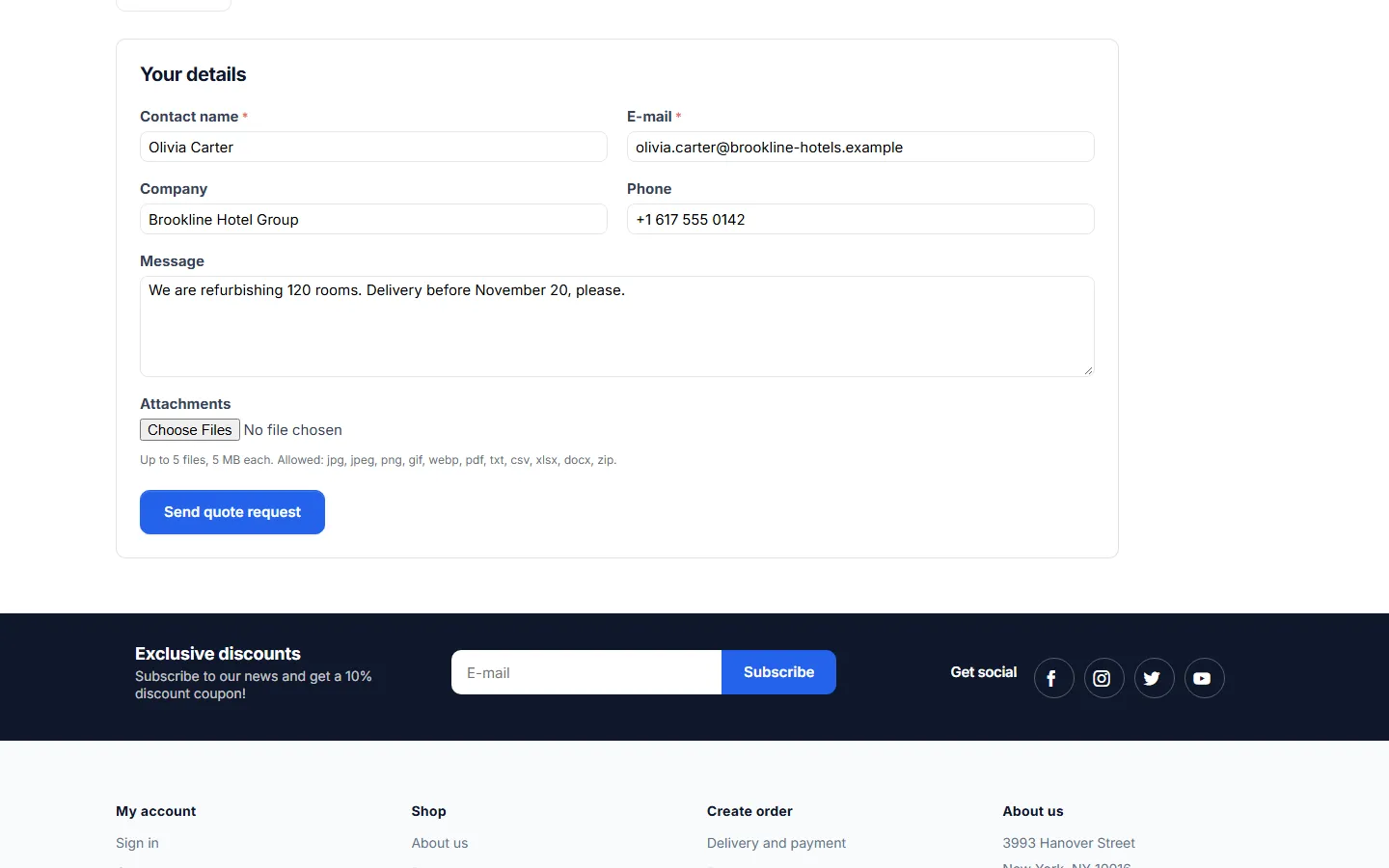 Request form: contact name, e-mail, company, phone, message, attachments and “Send quote request”.