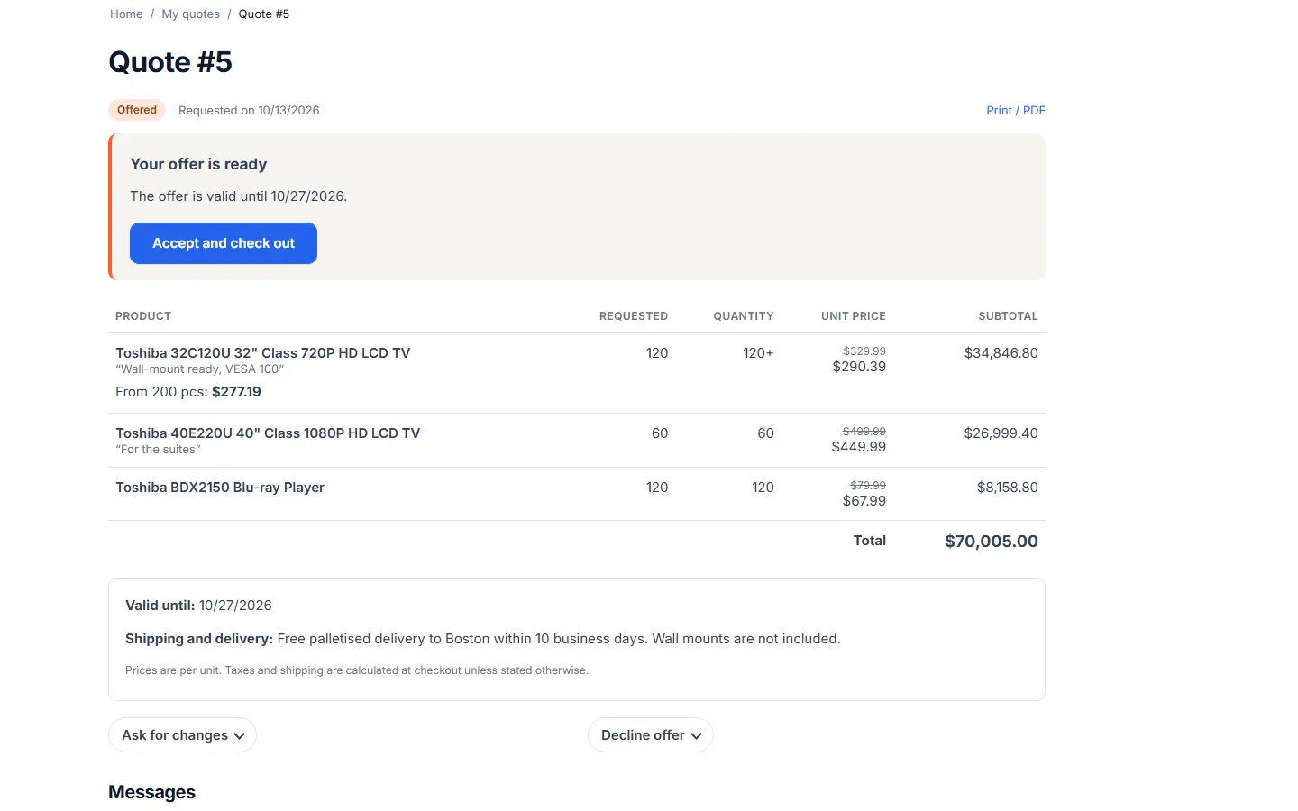 Quote page for the customer: offer callout, quantities, crossed-out list prices, unit prices, quantity break, total, validity and shipping note, “Ask for changes” and “Decline offer”.