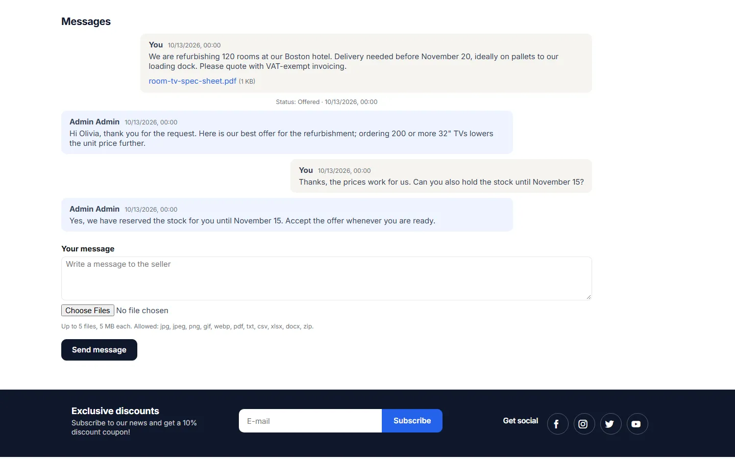Messages on the quote page: the request with its PDF attachment, the offer, the customer’s question and the answer, plus the reply form.