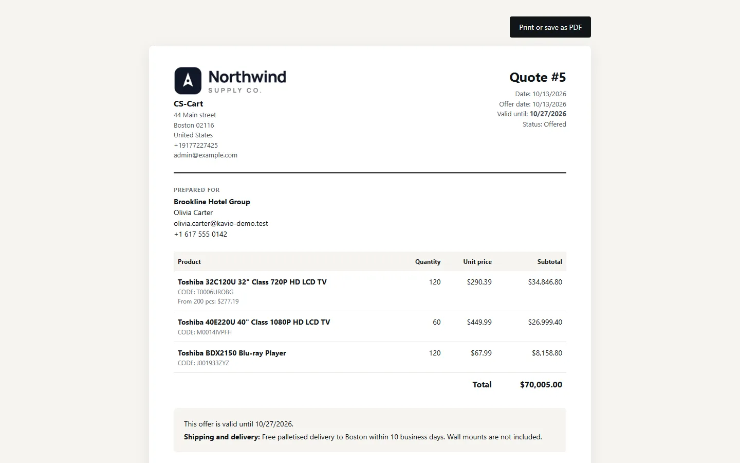 Printable quote (“Print or save as PDF”): store logo and address, customer, products, unit prices, quantity break, total, validity and shipping note.