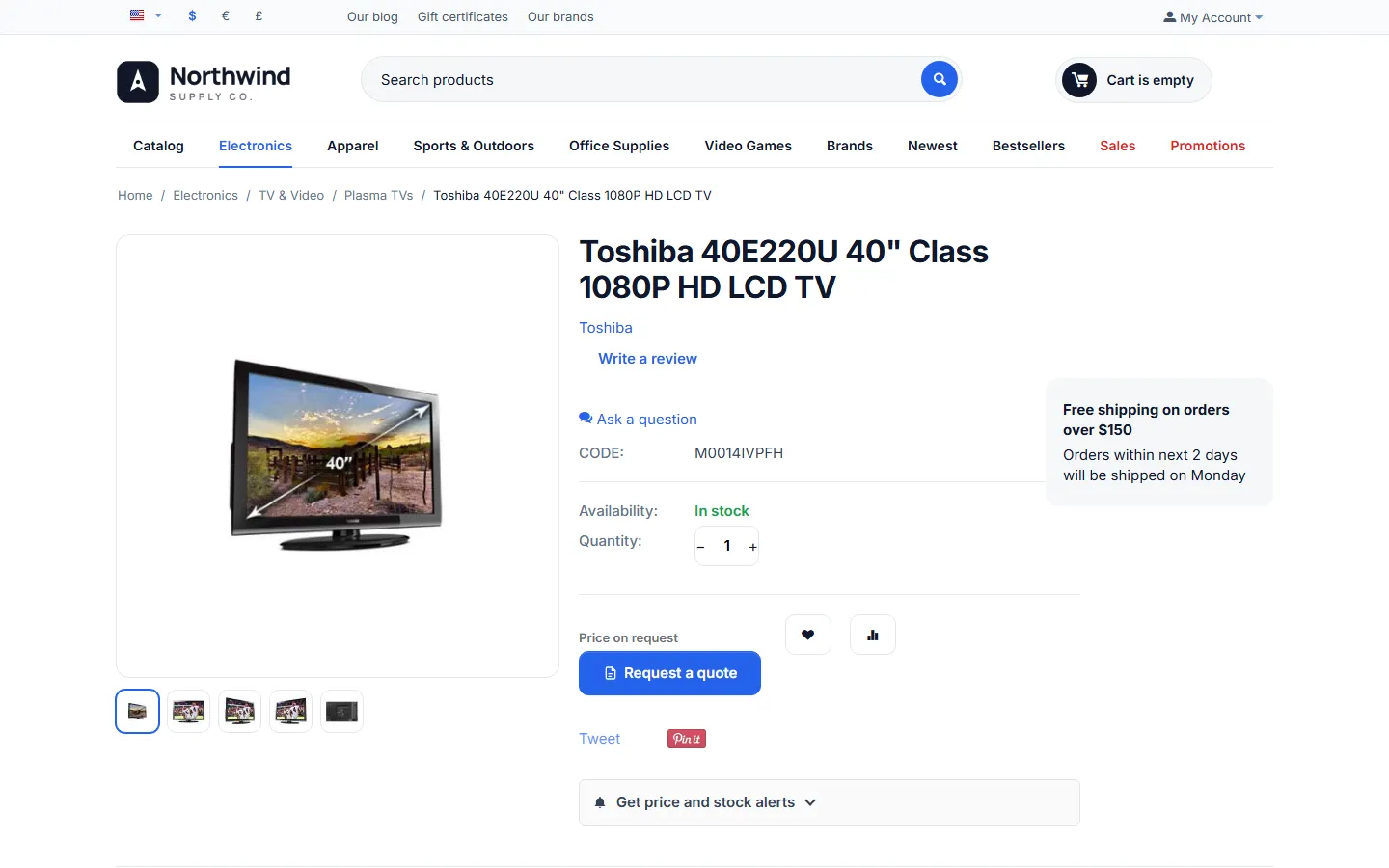Hidden prices for guests: product page with “Price on request” and “Request a quote” instead of the price and “Add to cart” (no 1-click buy).