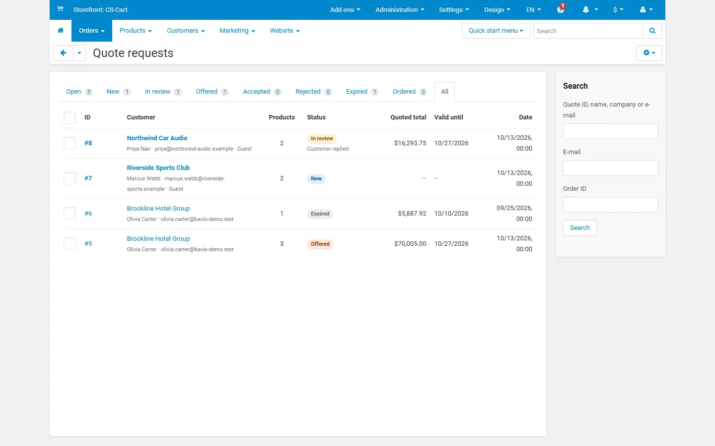 Admin, Orders > Quote requests: status tabs with counts, customer and company, product count, status badges with “Customer replied”, quoted total, validity and the search sidebar.