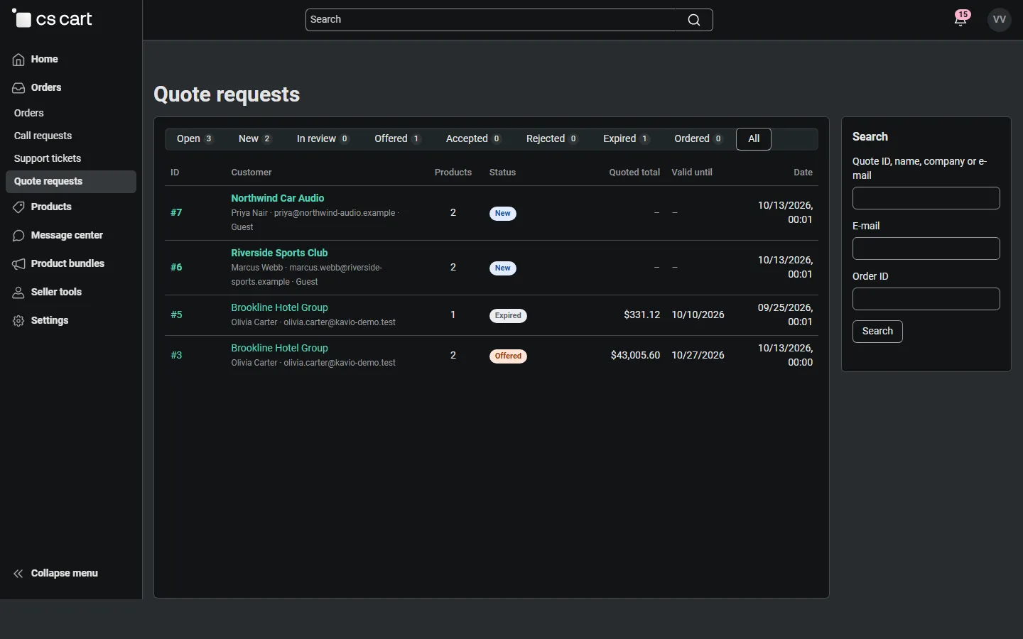 Multi-Vendor vendor panel (4.21): Orders > Quote requests with only the vendor’s own quotes.