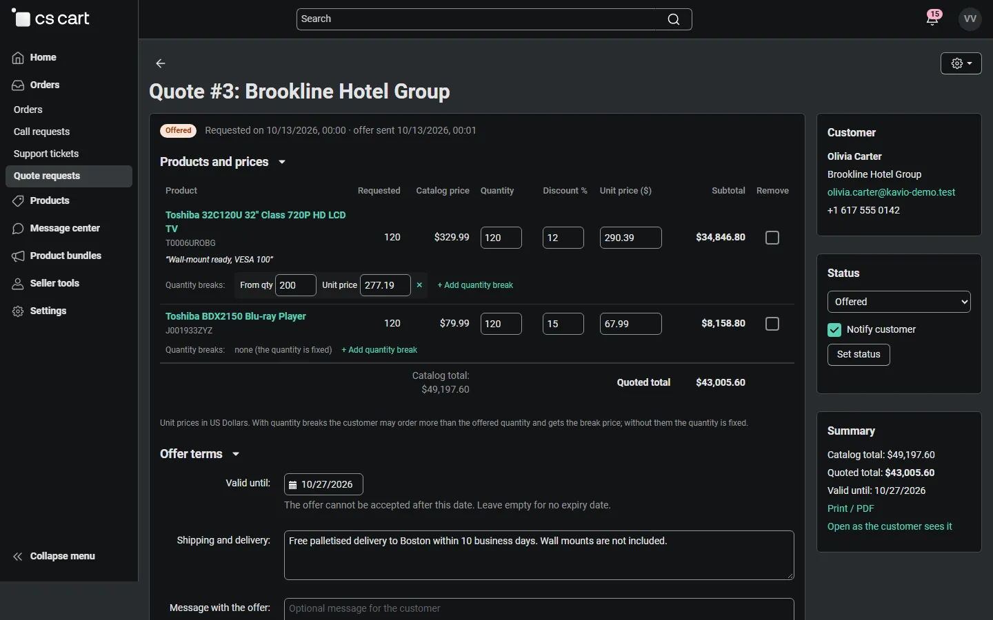 Vendor panel quote editor: the vendor sets prices, a quantity break and the offer terms for its part of a split request.