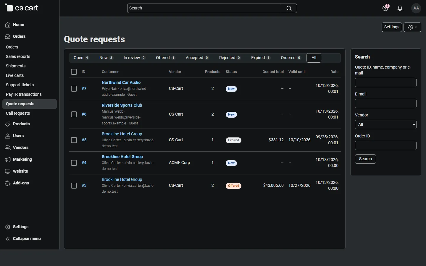 Multi-Vendor admin quote list with the Vendor column: one customer request split between CS-Cart and ACME Corp.