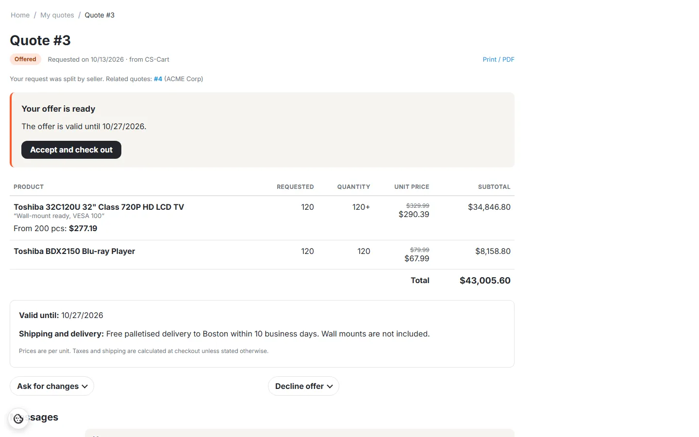 Nova storefront: the vendor’s offer with “Your request was split by seller. Related quotes: #4 (ACME Corp)”.