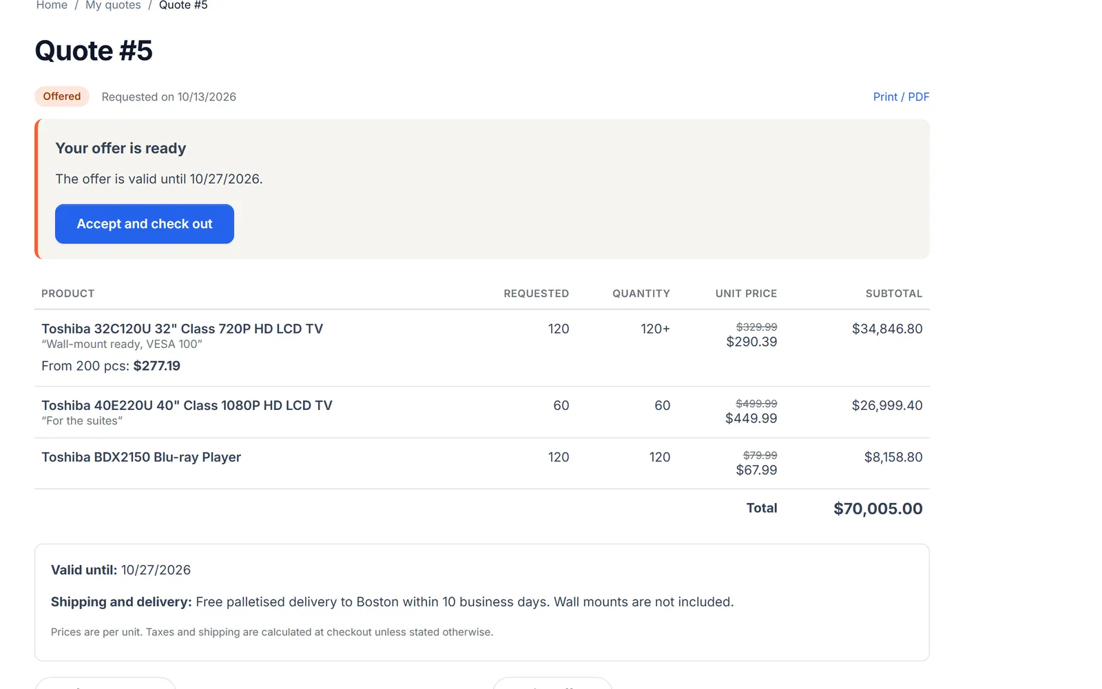 Customer quote page: “Your offer is ready” with the validity date and “Accept and check out”, offered quantities, list prices crossed out, unit prices, a quantity break and the total.