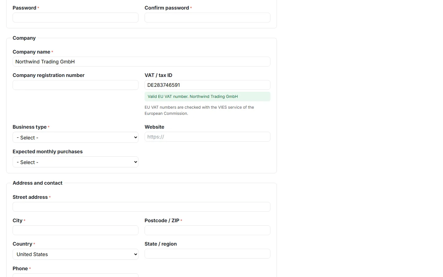 The live EU VAT check (VIES) under the VAT field.
