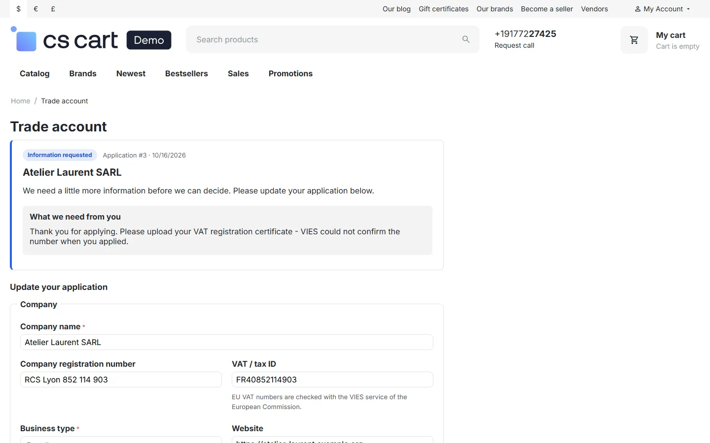 Trade account page: information requested, with the update form.