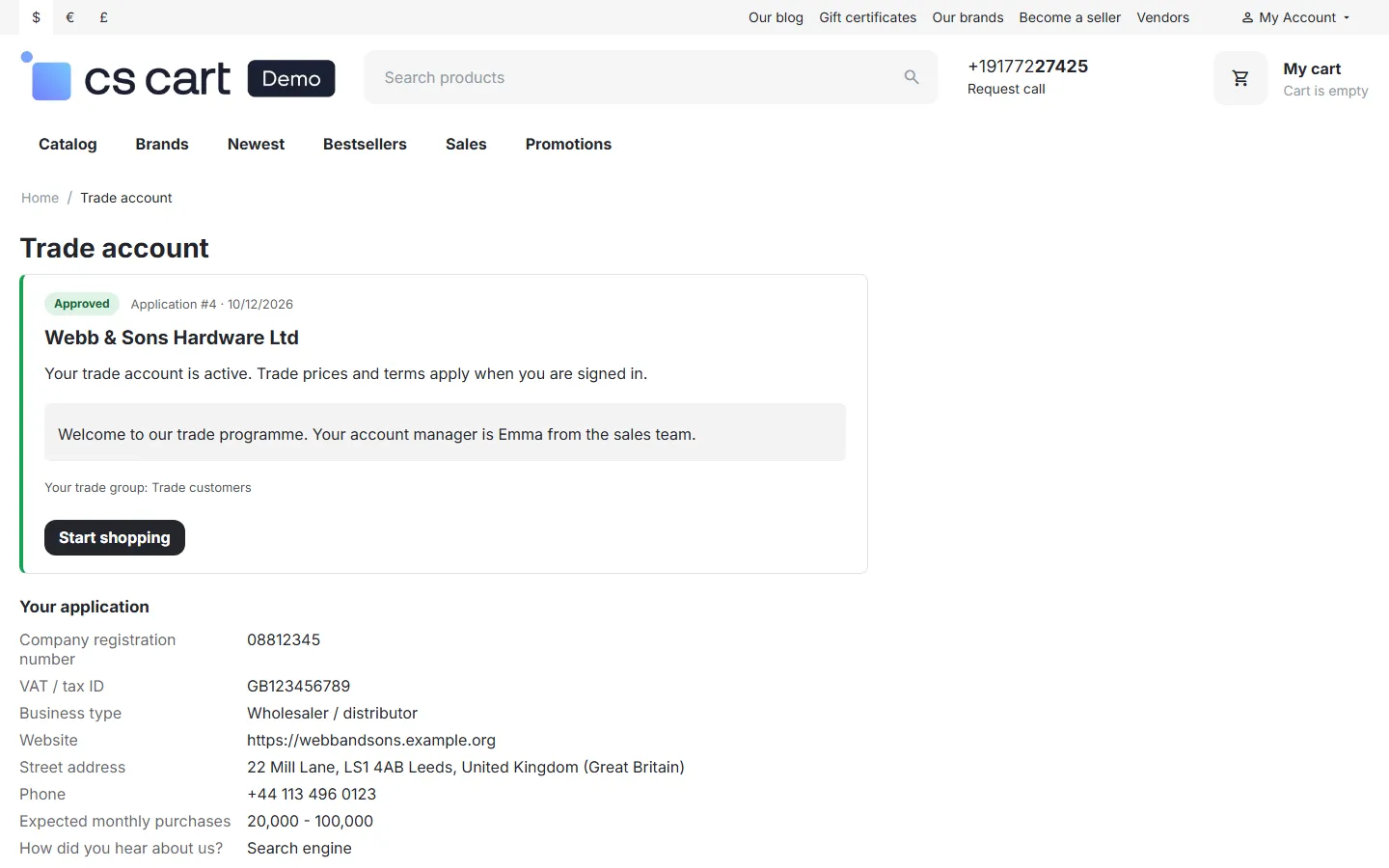 Trade account page: approved, with the welcome message and the trade group.