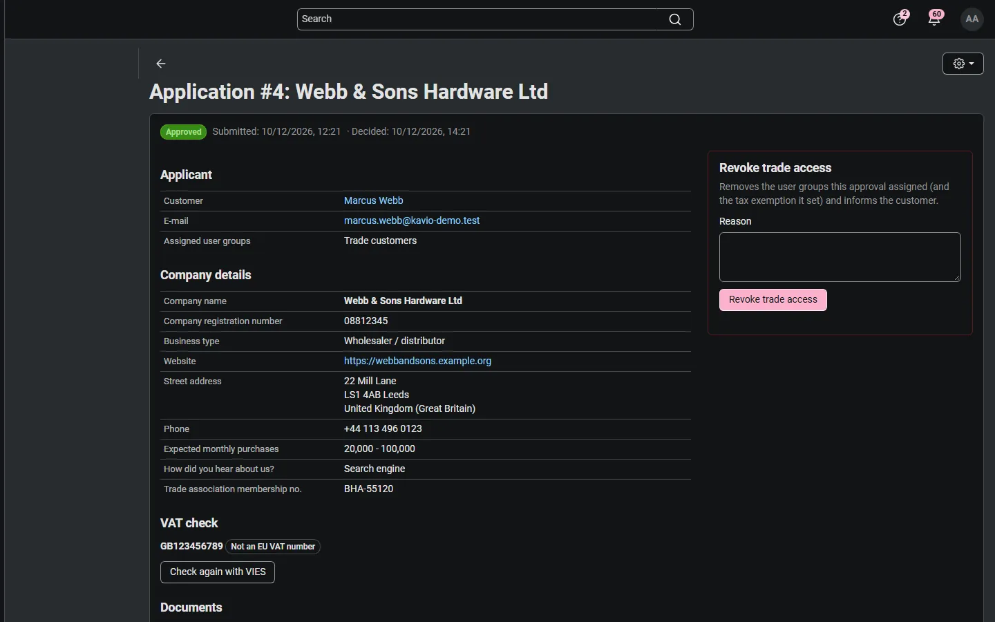 An approved application with the assigned group and the Revoke panel.