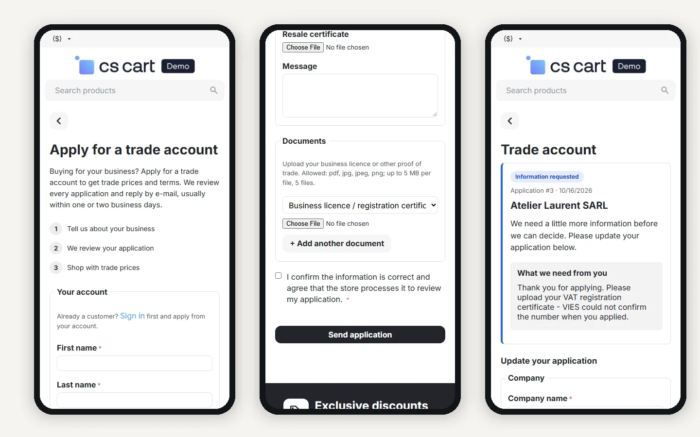 Mobile (390 px): the form, the documents part and the Trade account page.