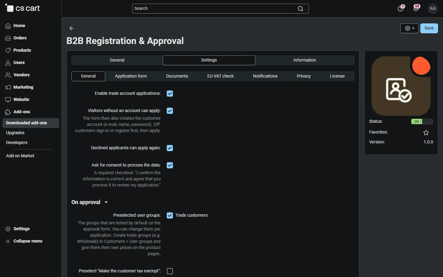 Settings, General (with the add-on icon): guests, re-apply, consent and approval defaults.