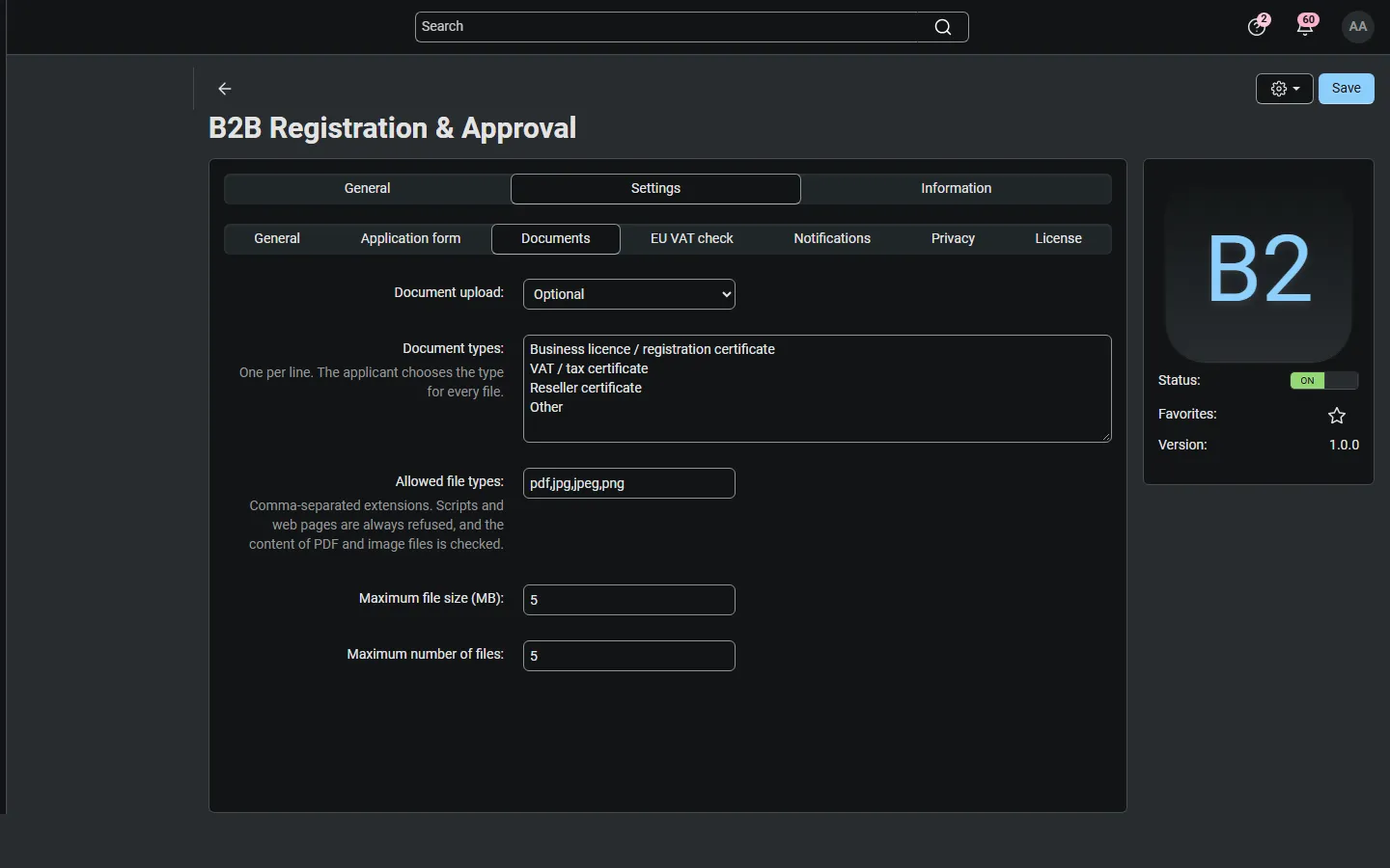 Settings, Documents: mode, document types, file types, size and count.