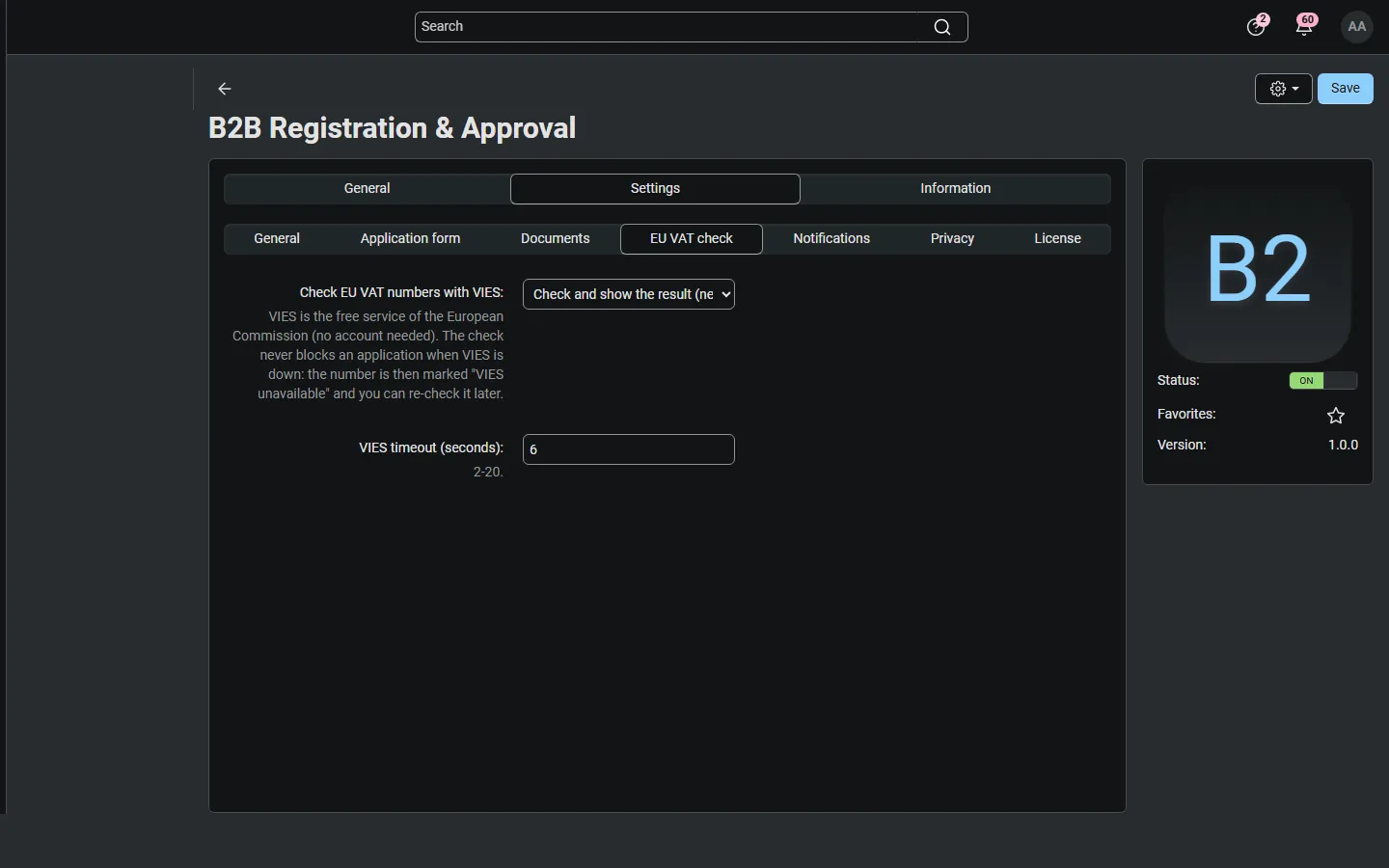 Settings, EU VAT check: VIES mode and timeout.